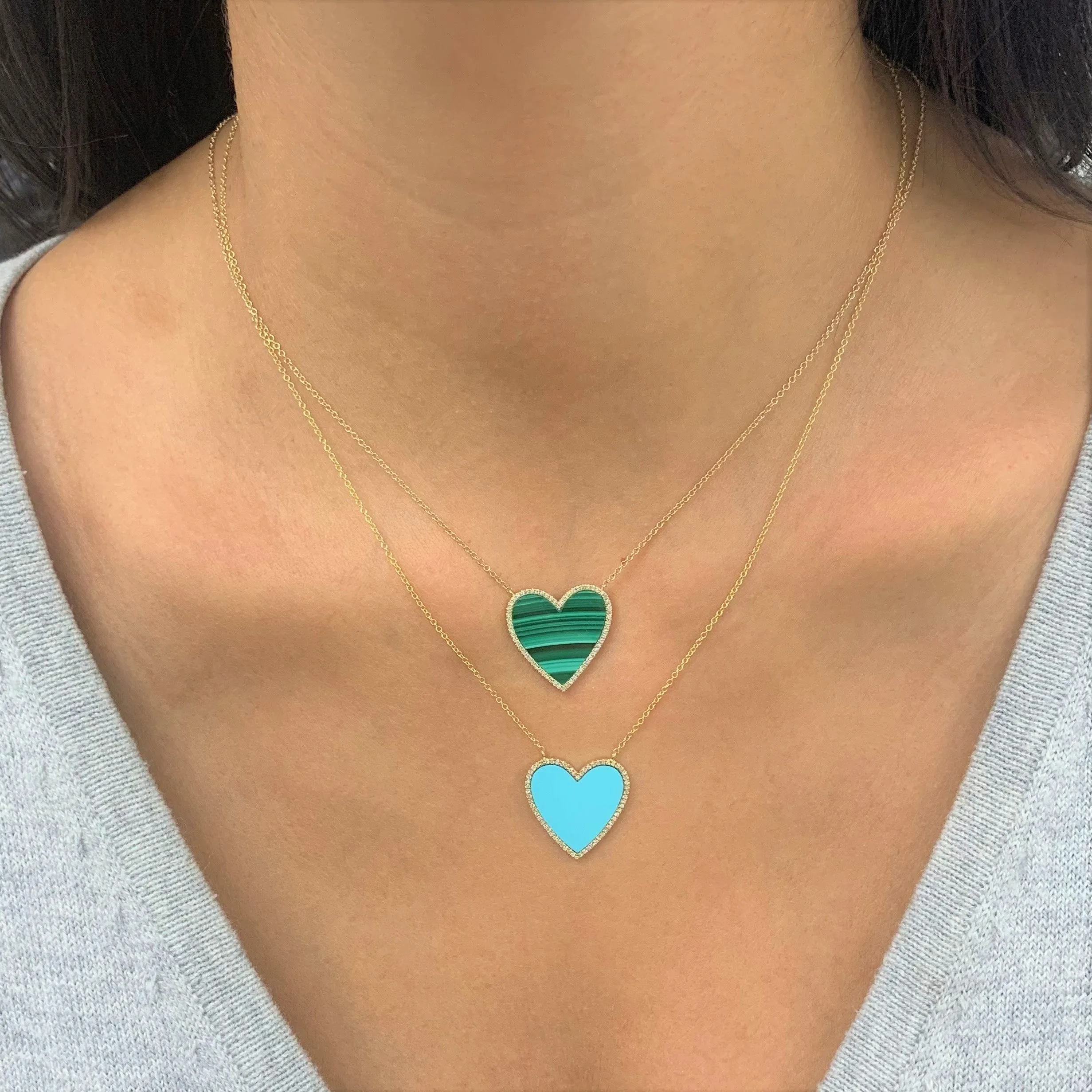 14k Gold Diamond & Malachite Heart Necklace