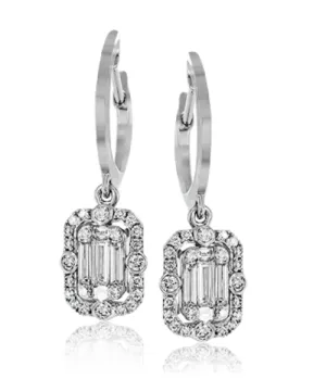 14k White Gold Baguette & Round Diamond Dangle Hoop Earrings (I7952)