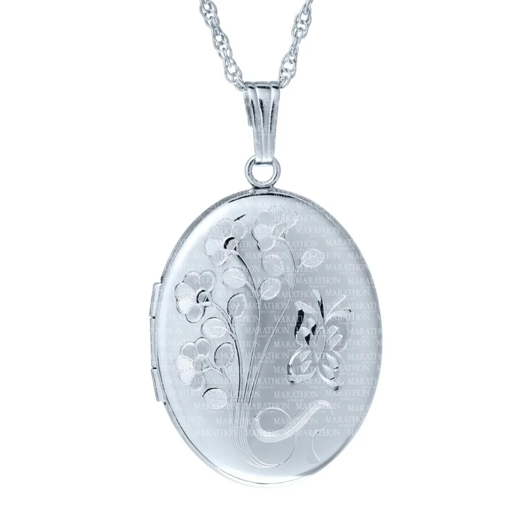 14K White Gold Hand-Engraved Oval Locket