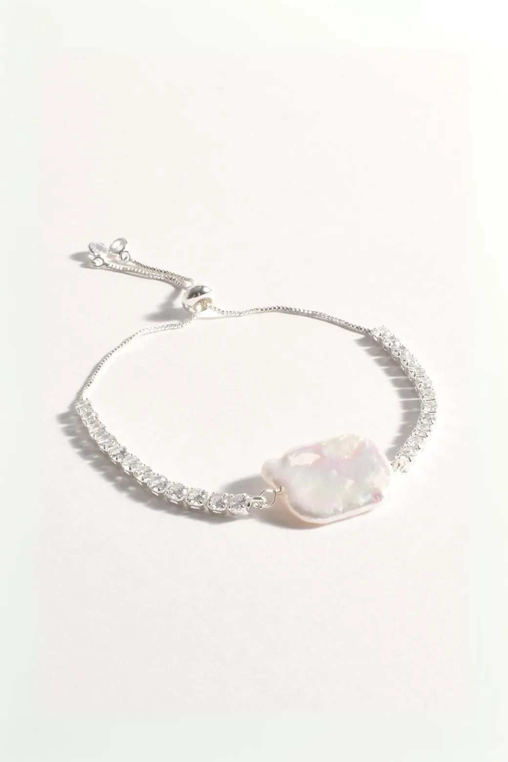 Adorne Diamante Pearl Adjustable Bracelet Silver