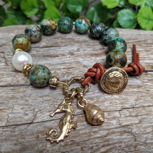 African Turquoise Bracelet with Big Edison Pearl & Seahorse & Shell