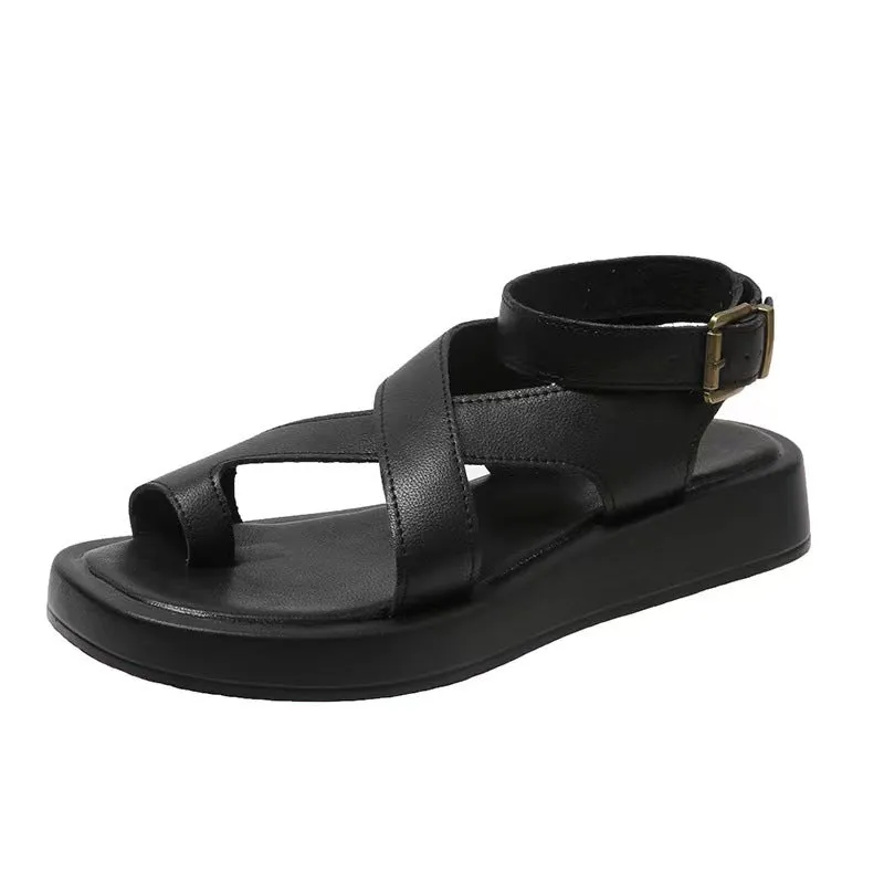 Amozae--Women's sandals 2024 new European and American large size toe polyurethane thick sole casual Roman style outer ring buckle strap women's shoes