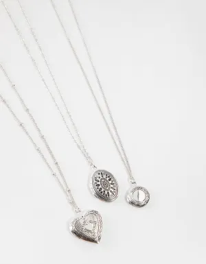 Antique Silver Mix Locket 3-Row Necklace