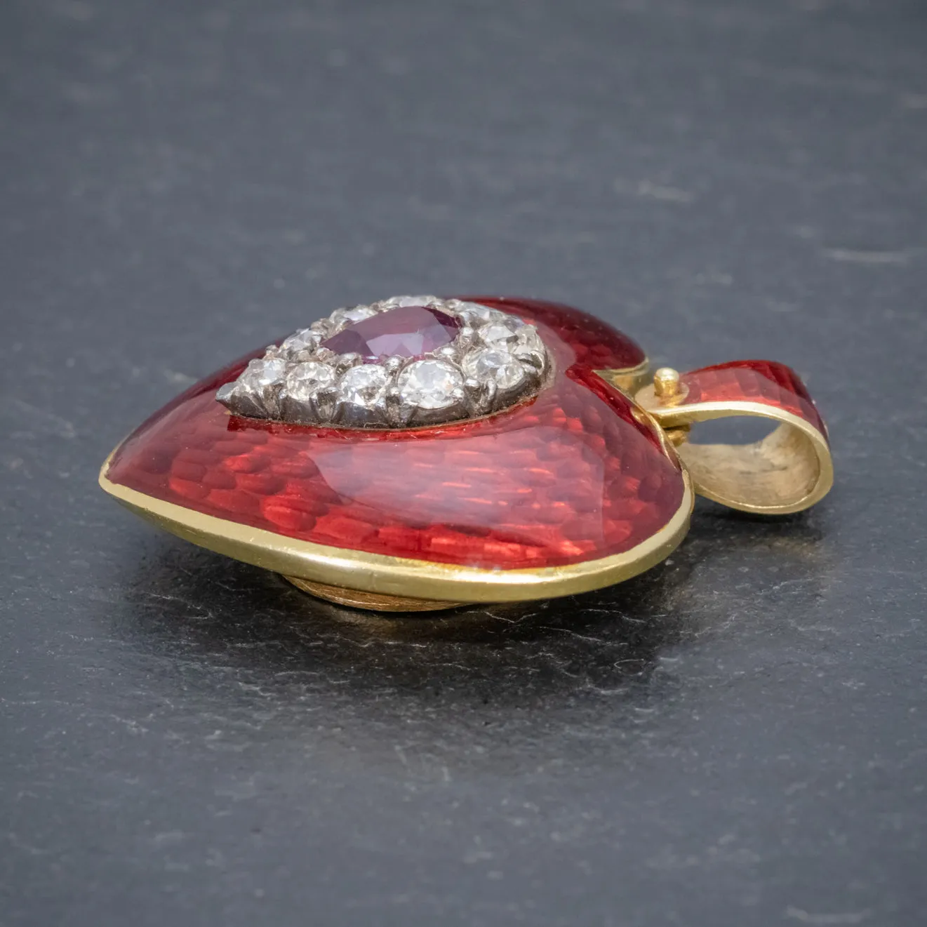 Antique Victorian Ruby Diamond Red Guilloche Enamel Heart Pendant Locket 18Ct Gold