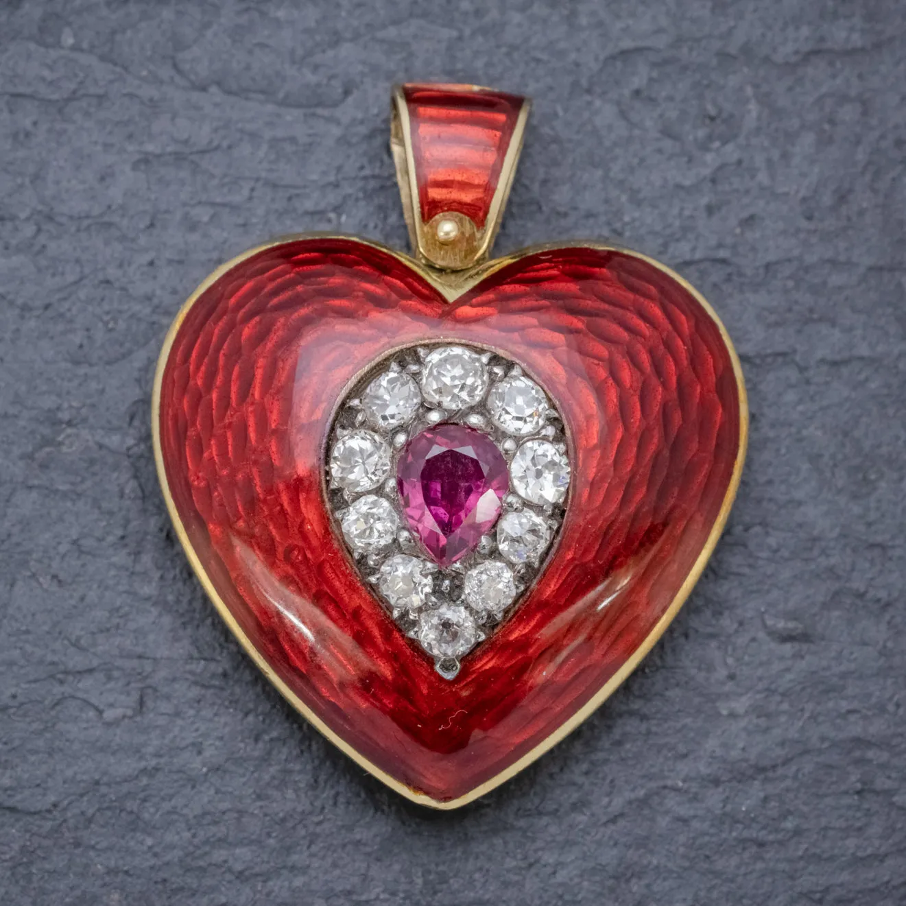 Antique Victorian Ruby Diamond Red Guilloche Enamel Heart Pendant Locket 18Ct Gold