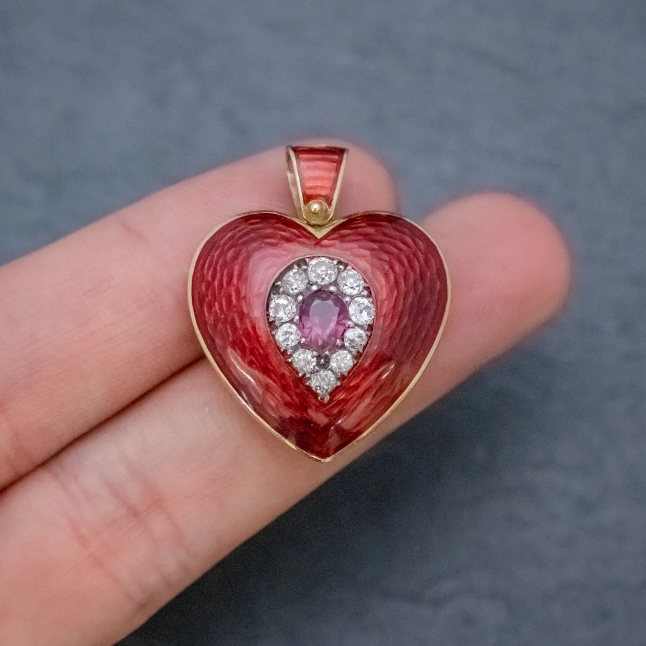 Antique Victorian Ruby Diamond Red Guilloche Enamel Heart Pendant Locket 18Ct Gold