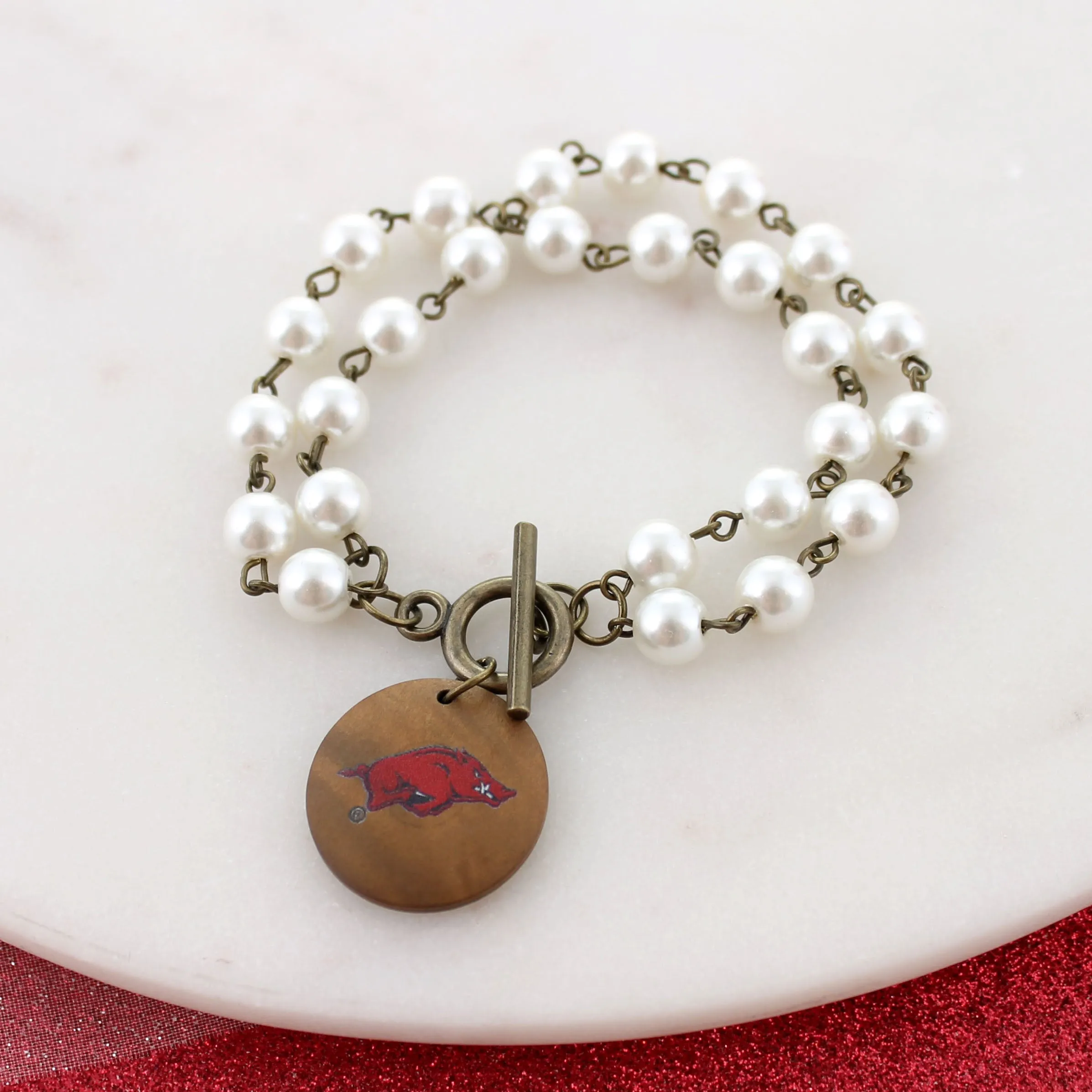 Arkansas Logo Pearl & Wood Disc Toggle Bracelet