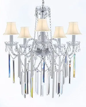 Authentic All Empress Crystal (Tm) Chandelier Lighting Optical-Quality Fringe Prisms With White Shades H30" X W24" - G46-B40/Sc/Whiteshades/3/384/5