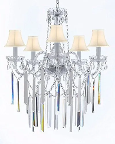 Authentic All Empress Crystal (Tm) Chandelier Lighting Optical-Quality Fringe Prisms With White Shades H30" X W24" - G46-B40/Sc/Whiteshades/3/384/5