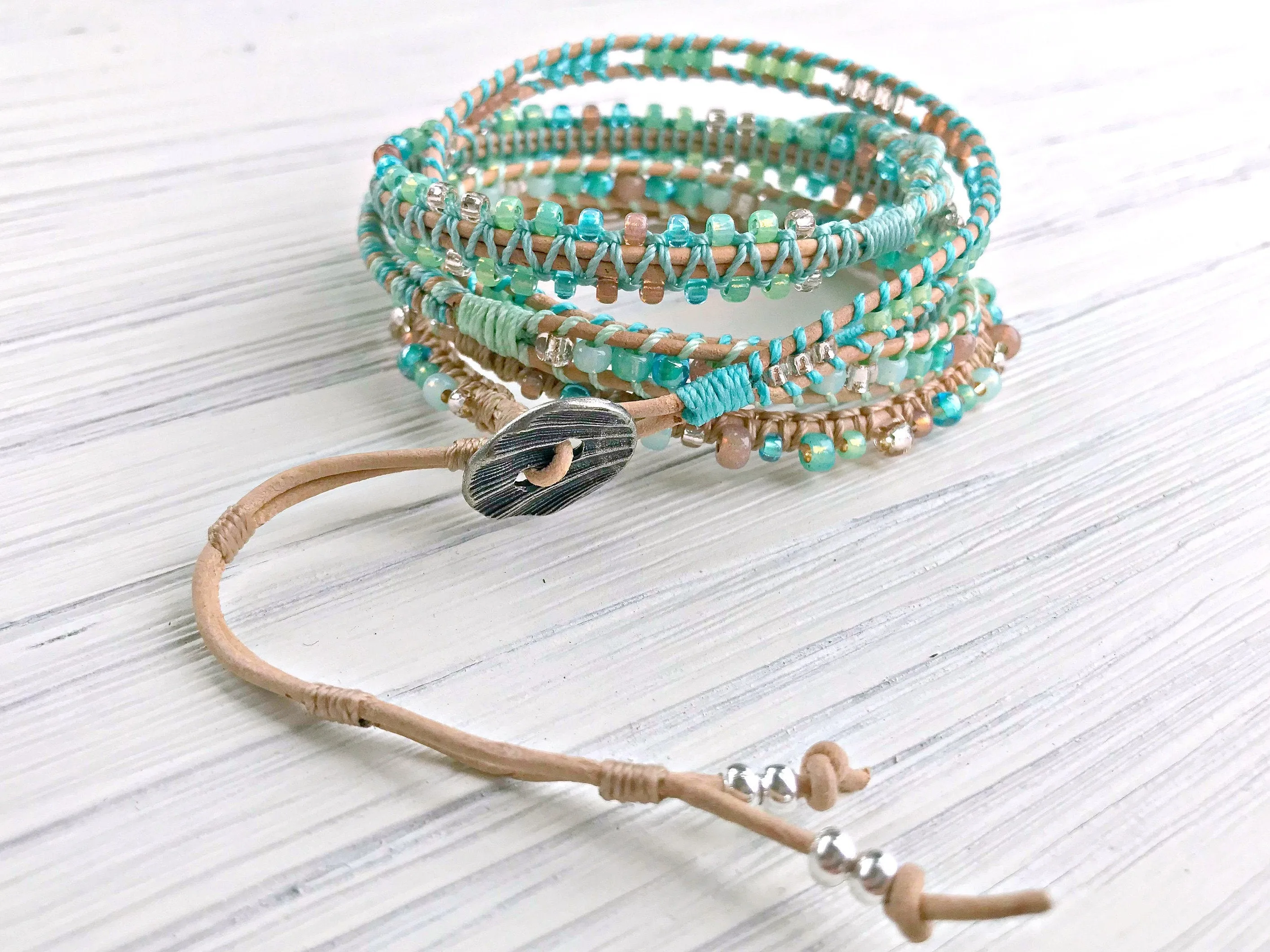 Beachy Boho Beaded Leather Macrame 5x Wrap Bracelet