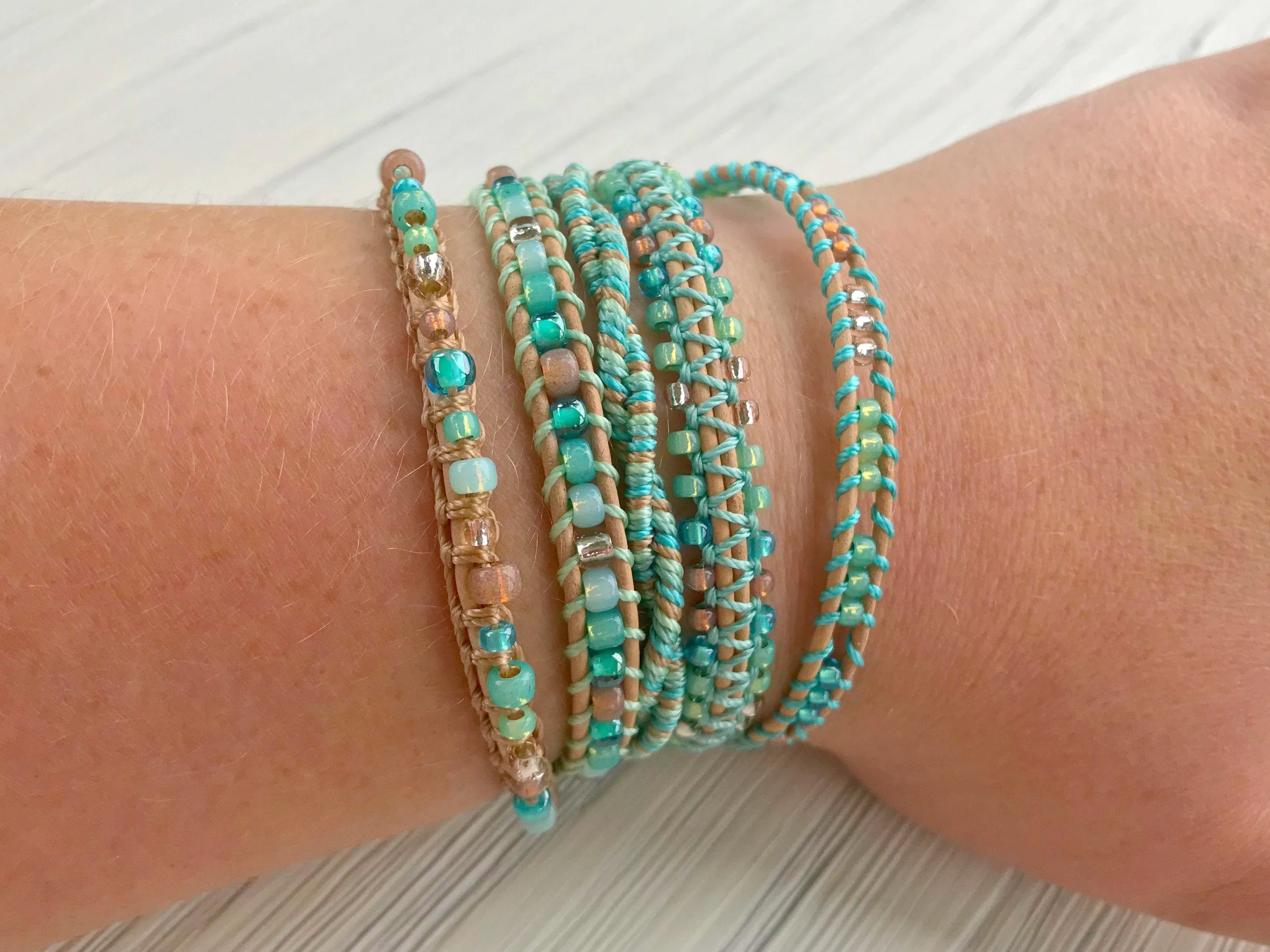 Beachy Boho Beaded Leather Macrame 5x Wrap Bracelet