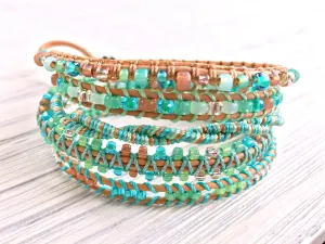 Beachy Boho Beaded Leather Macrame 5x Wrap Bracelet