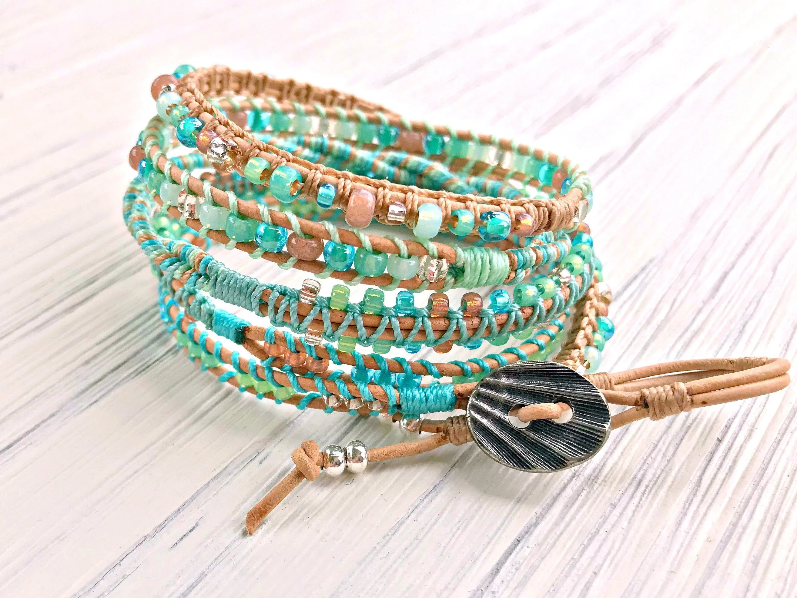 Beachy Boho Beaded Leather Macrame 5x Wrap Bracelet