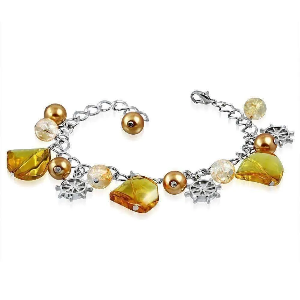 Bermuda Ship's Wheel Charm Bead Bracelet in Amber or Pearl