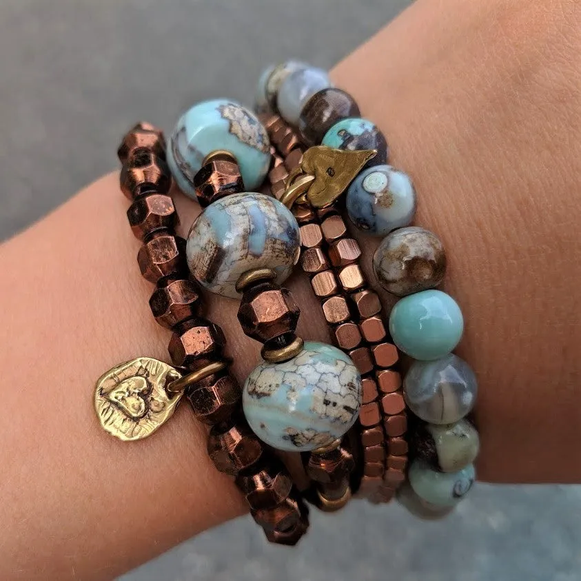 Blue Agate Gemstone, Flower Charm & Antique Copper Elastic Bracelet