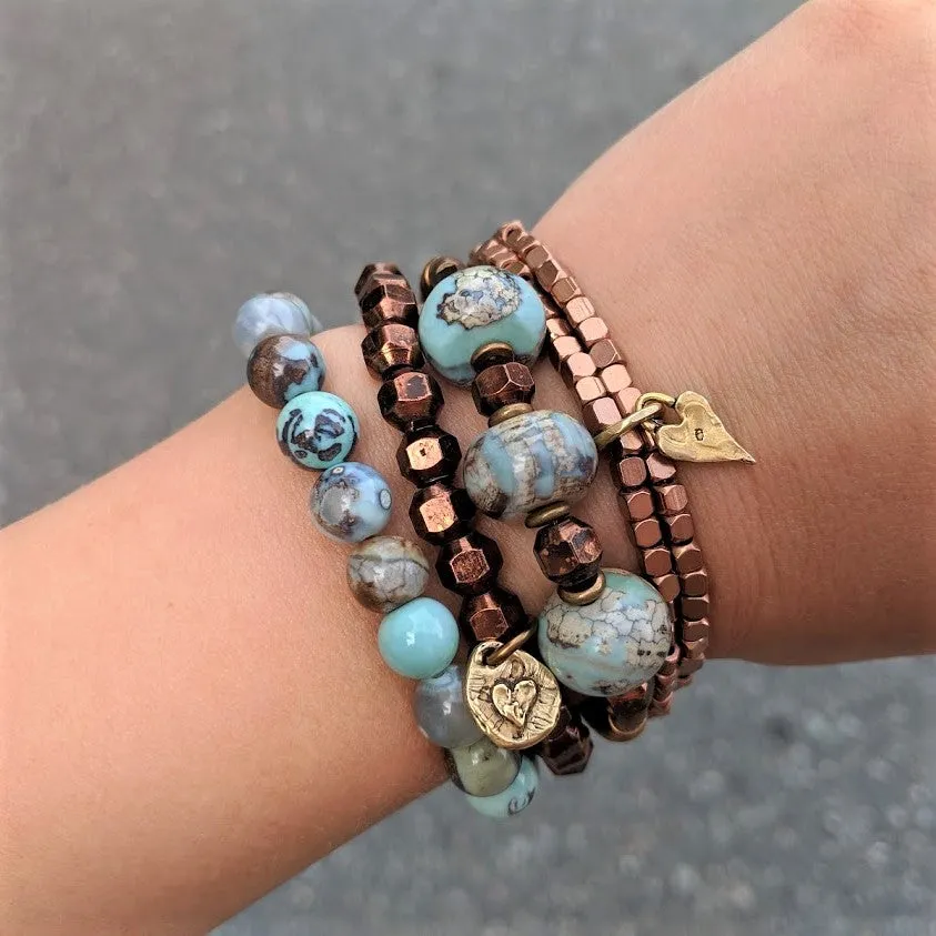 Blue Agate Gemstone, Flower Charm & Antique Copper Elastic Bracelet