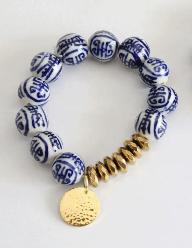 Blue and White Porcelain Chinoiserie Bead Stretch Bracelet