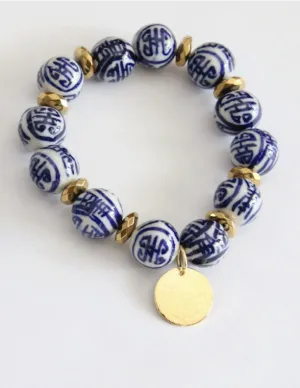 Blue and White Porcelain Chinoiserie Bead Stretch Bracelet