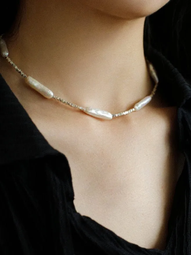 Broken Silver Toothpick Freshwater Pearl Necklaces