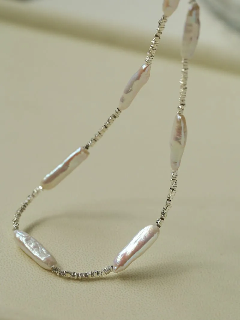 Broken Silver Toothpick Freshwater Pearl Necklaces