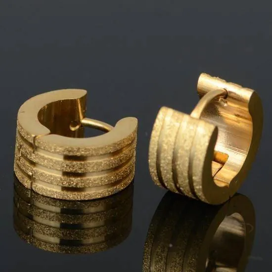 Brushed Stripes Gold Huggie Hoop Stainless Steel Earrings - For Men or Women