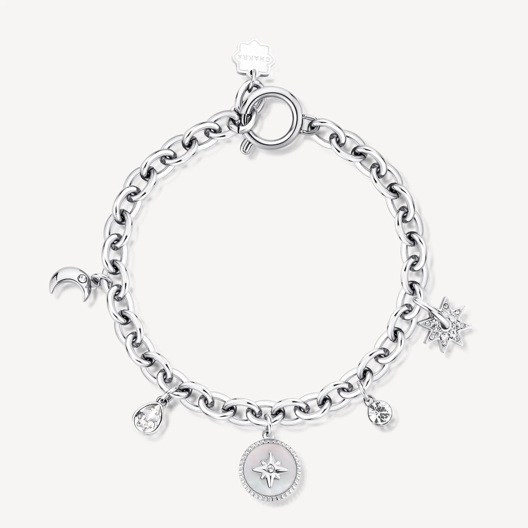 Celestial Crystal and Mother-of-Pearl Charm Bracelet in Stainless Steel