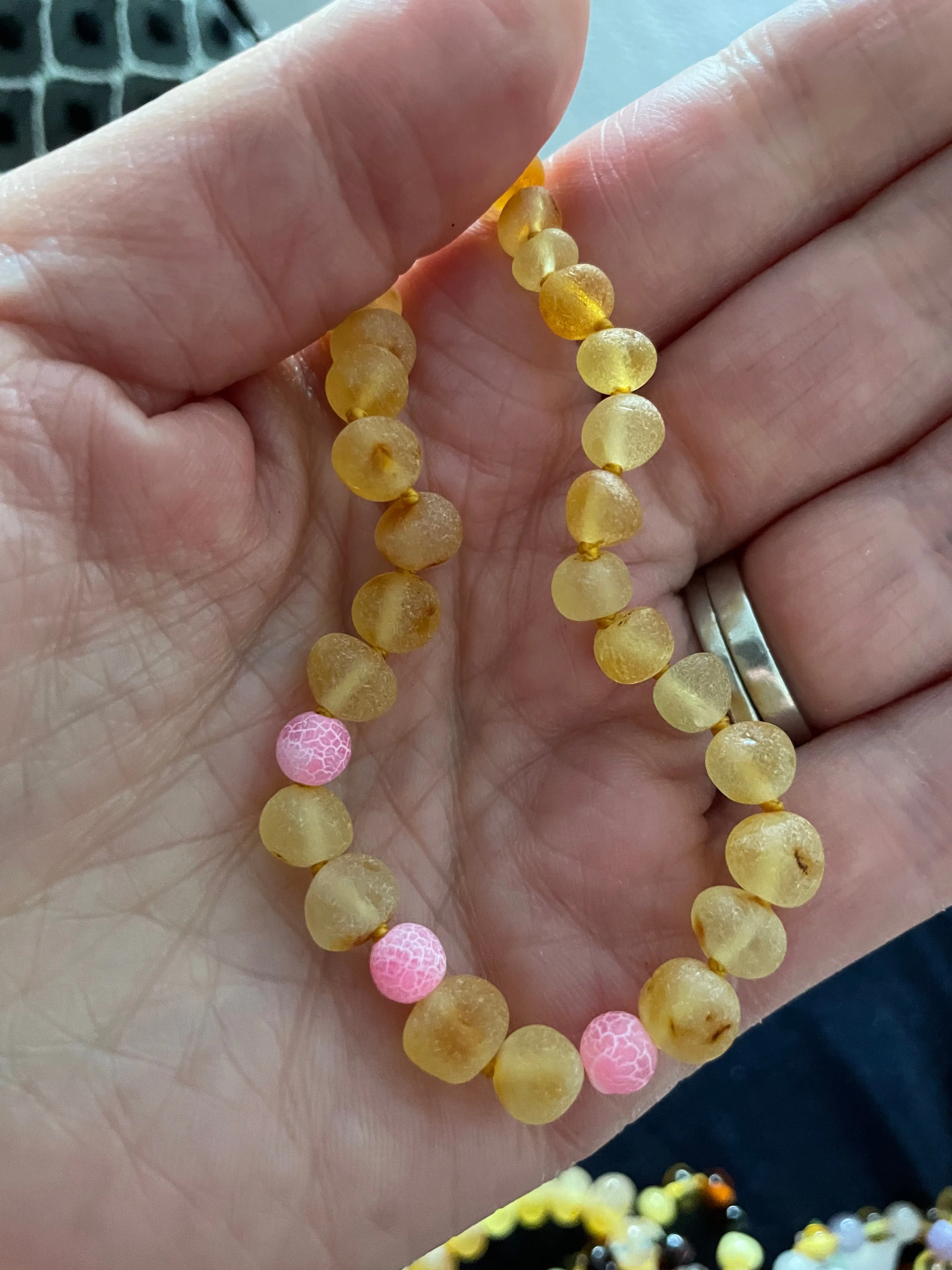 Child Nurture Raw Honey Pink Bead Dragon Agate Baltic Amber Anklet Bracelet