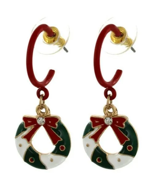 Christmas Wreath Dangle Hoop Earrings