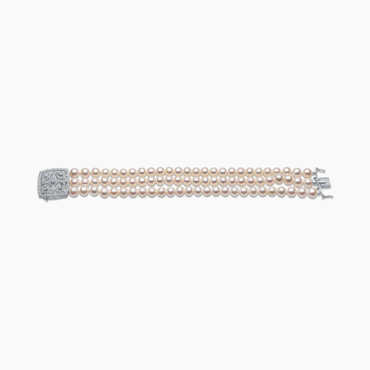 Classic 18K White Gold Pearl and Geometric Diamond Clasp Bracelet