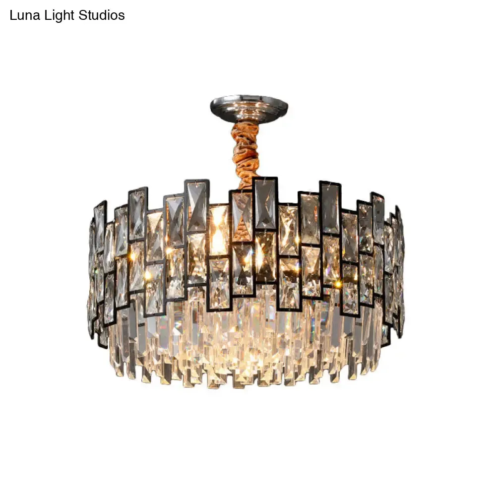 Contemporary Black Crystal Chandelier - 9-Head Suspension Lamp with Clear Prism and Dual Layers