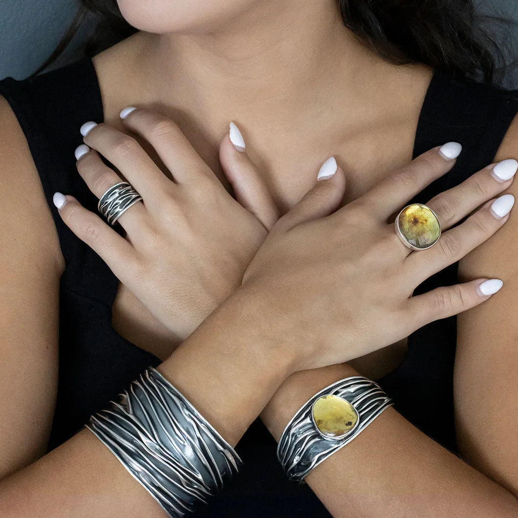 Corrugated Silver and Amber Cuff Bracelet