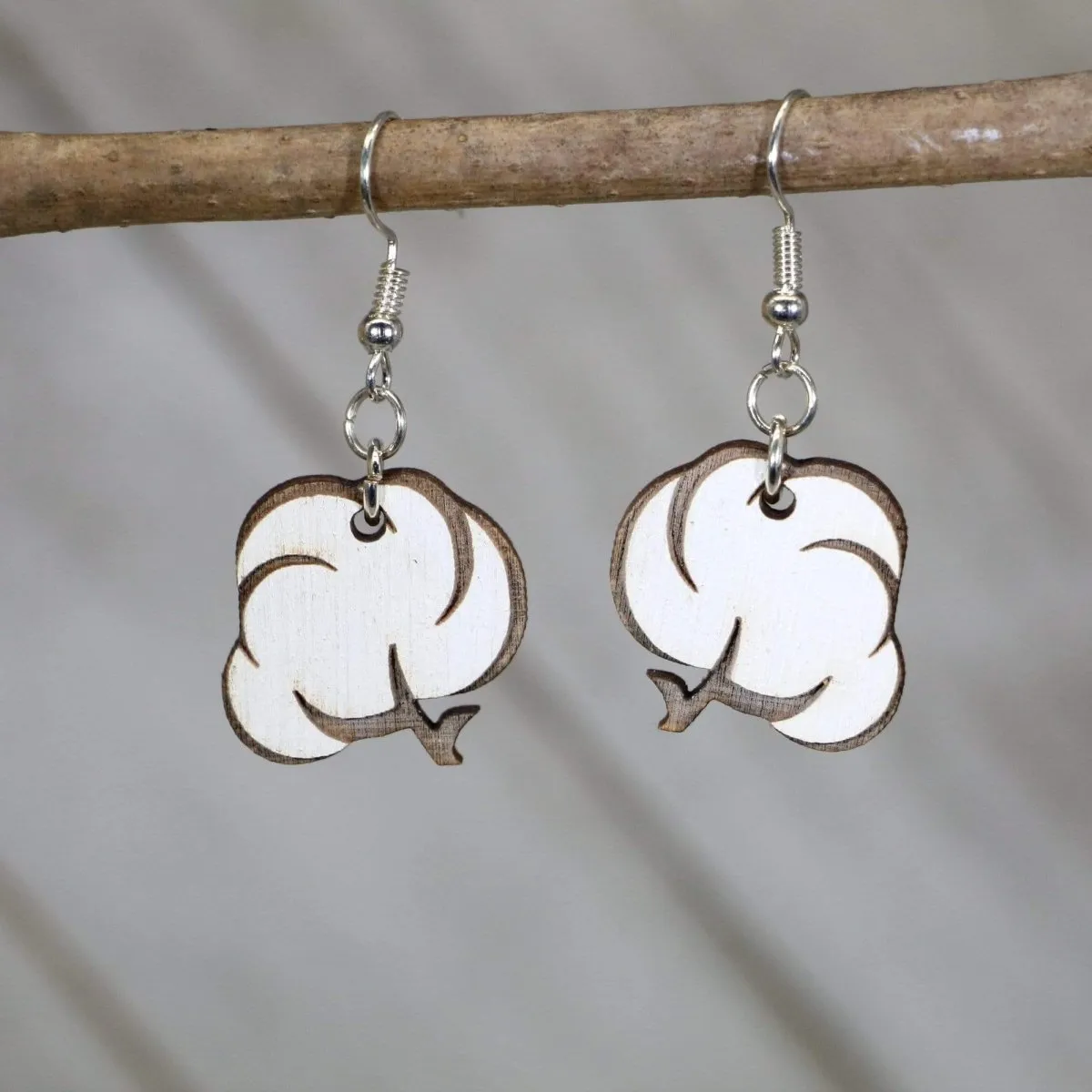 Cotton Boll Wooden Dangle Earrings by Cate's Concepts, LLC