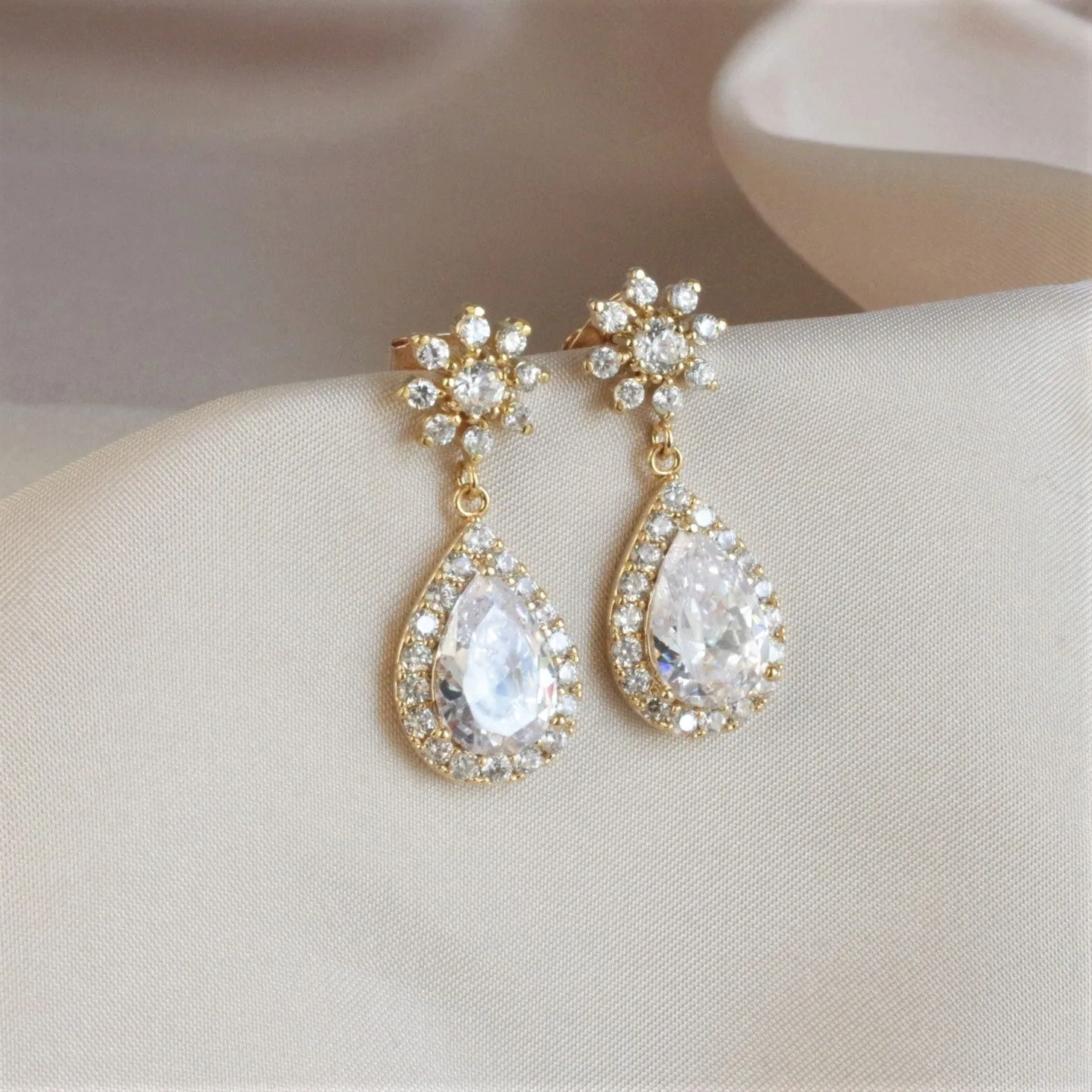 Cubic Zirconia Gold Flower Post Teardrop Dangle Earrings