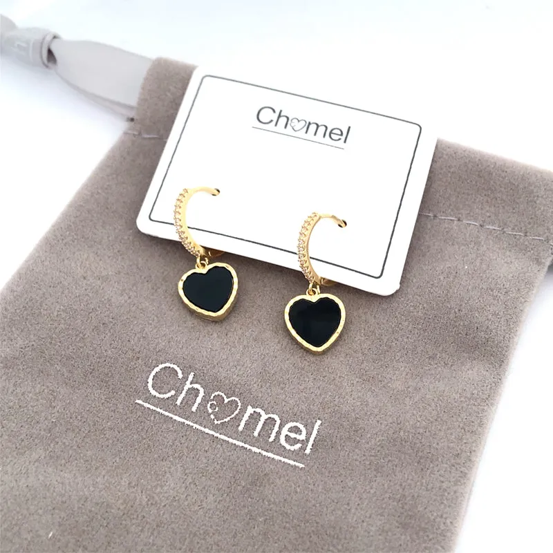 Cubic Zirconia with Black Enamel Hoop Earrings