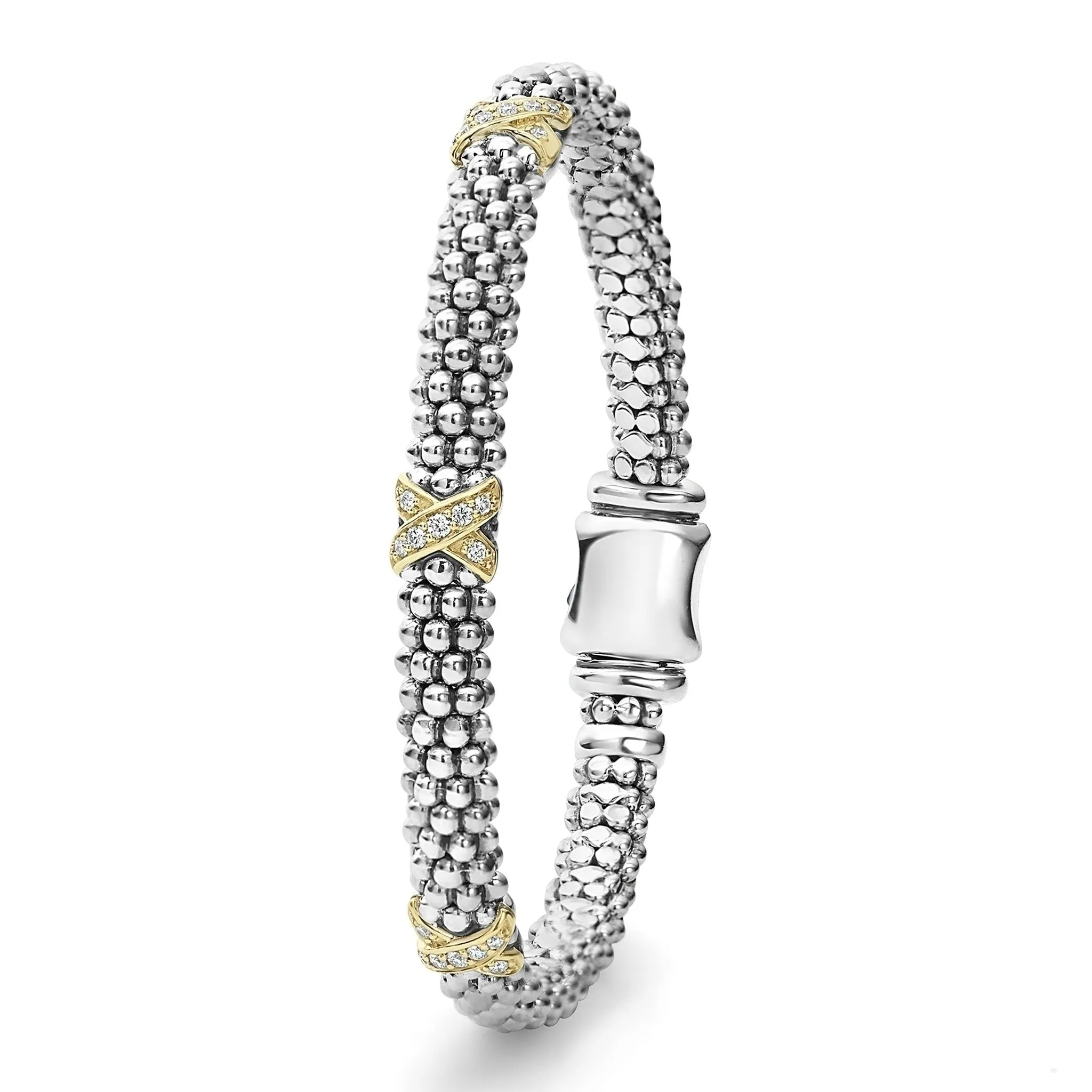 Embrace Three Station Gold X Diamond Caviar Bracelet | 6mm