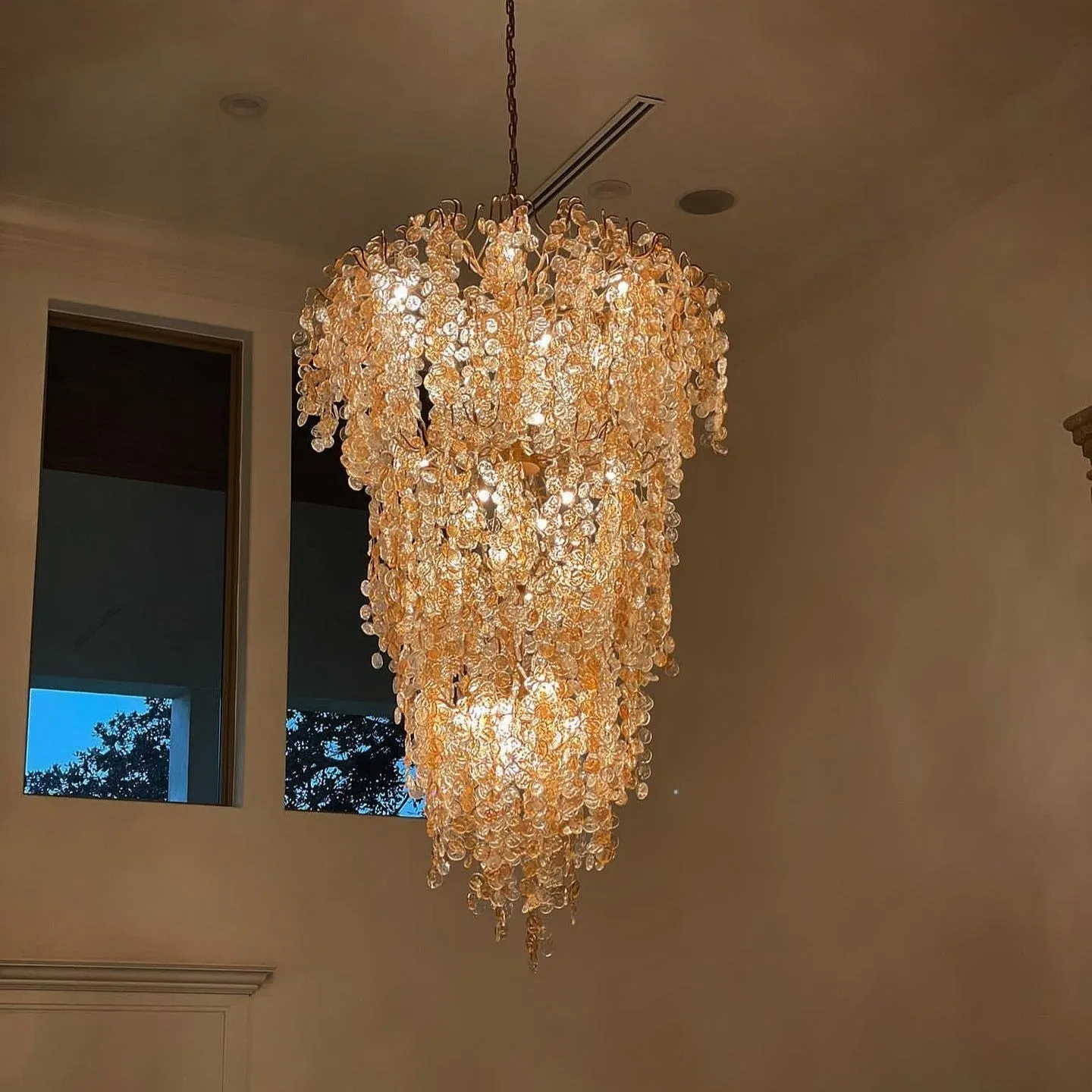 Extra Large Transitional Hand-strung Glass Wafers Chandelier for Staircase/Foyer