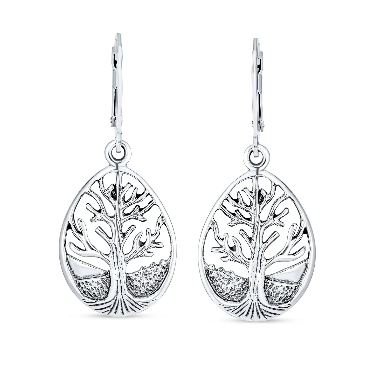 Family Oval Circle Wishing Tree of Life Drop Stud Earrings .925 Silver