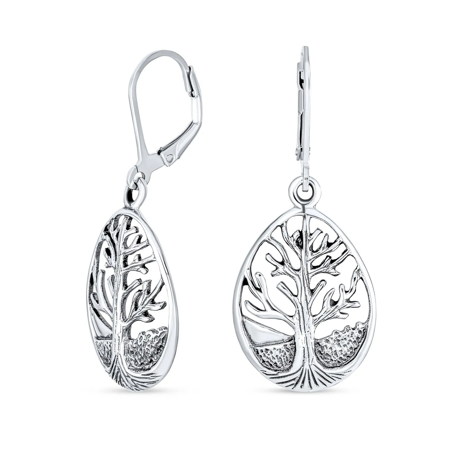 Family Oval Circle Wishing Tree of Life Drop Stud Earrings .925 Silver