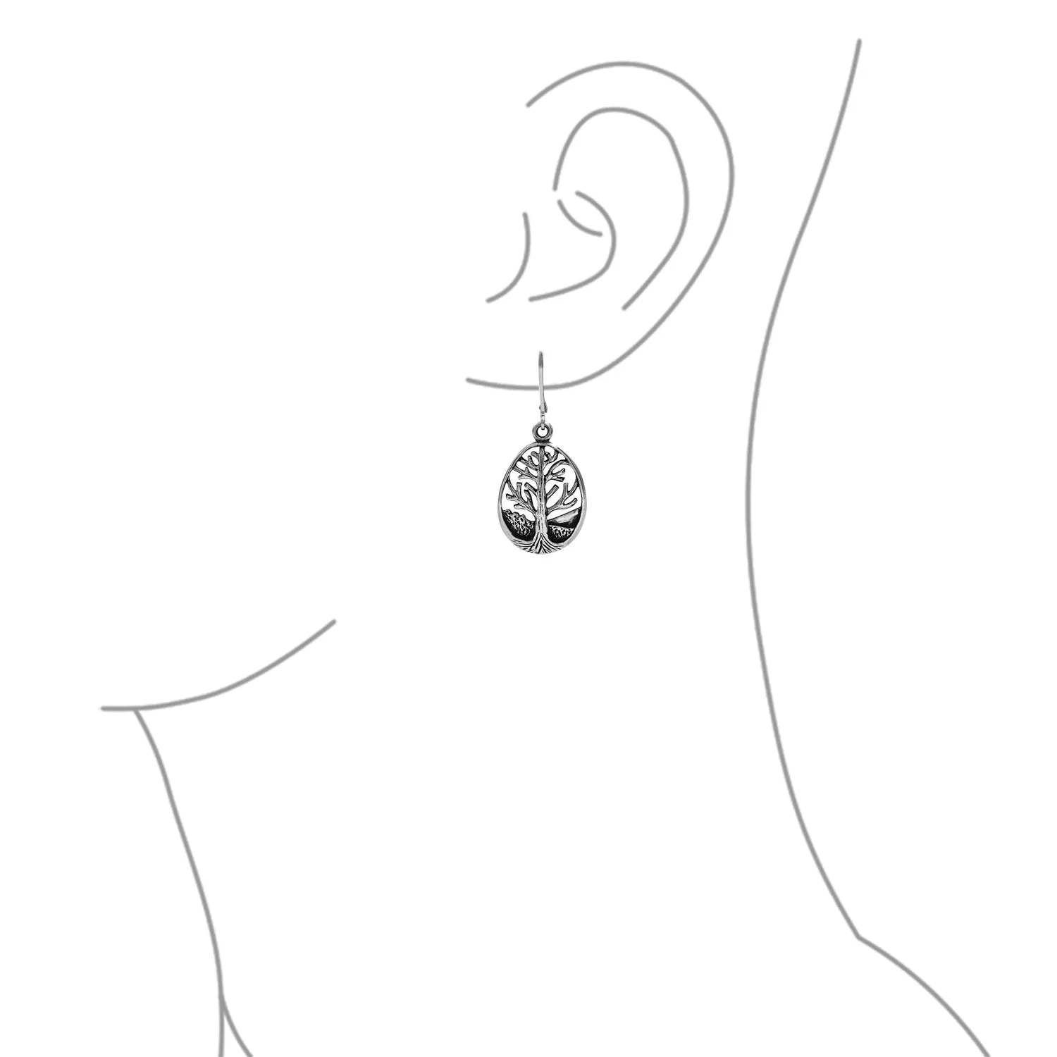 Family Oval Circle Wishing Tree of Life Drop Stud Earrings .925 Silver