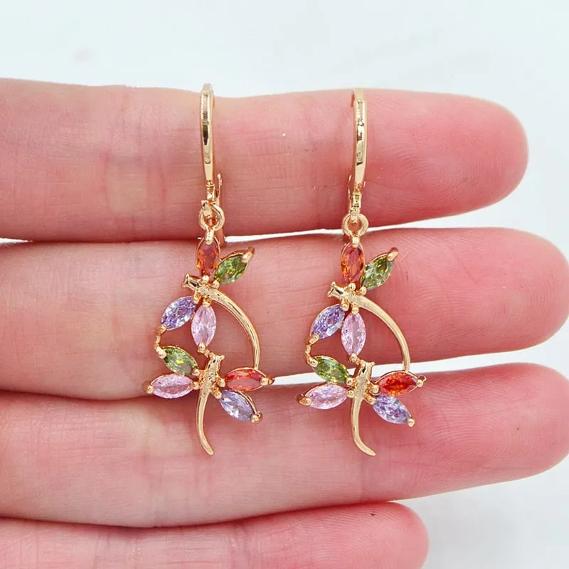 Fashion Gold Color Cubic Zirconia Romantic Dragonfly Dangle Earrings