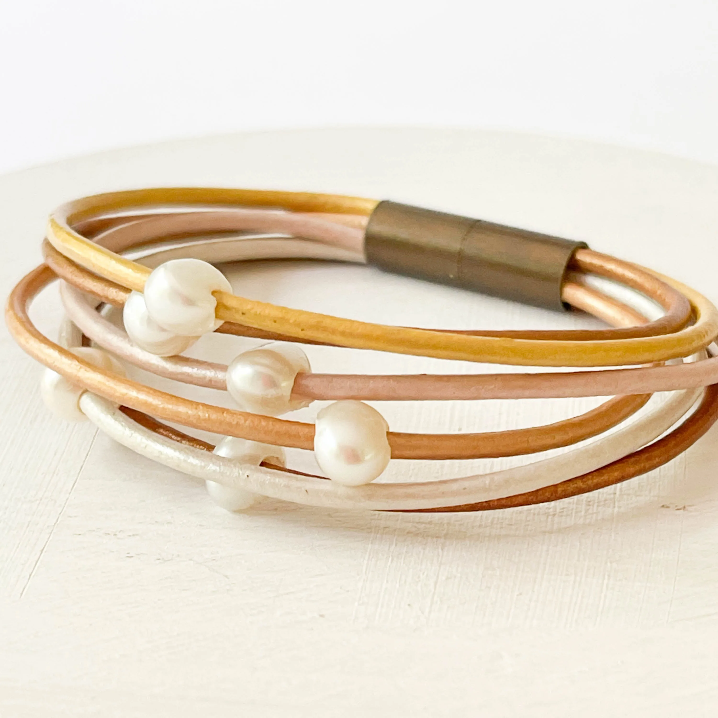 Gold And Six Pearl Shimmer Leather Bracelet - WS