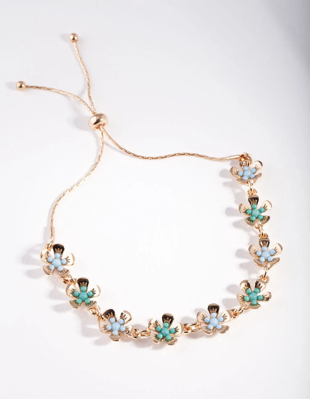 Gold Blue Bead Floral Bracelet