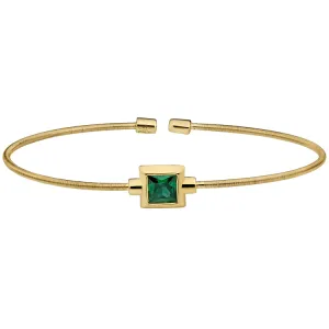 Gold Finish Sterling Silver Cable Cuff Bracelet with Princess Cut Simulated Emerald Birth Gem