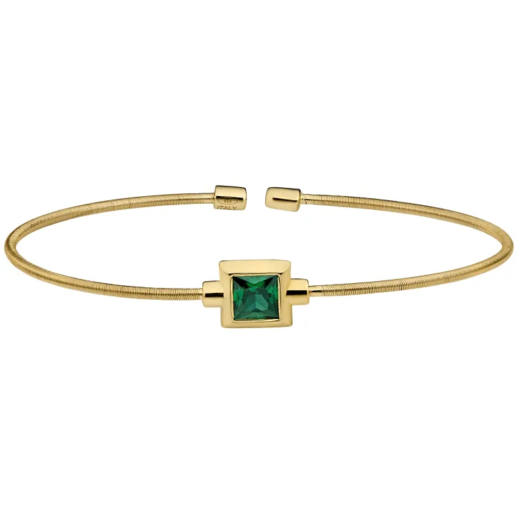 Gold Finish Sterling Silver Cable Cuff Bracelet with Princess Cut Simulated Emerald Birth Gem