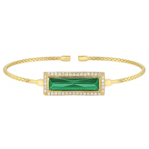 Gold Finish Sterling Silver Cable Cuff Bracelet with Rectangular Simulated Emerald Stone and Simulated Diamonds