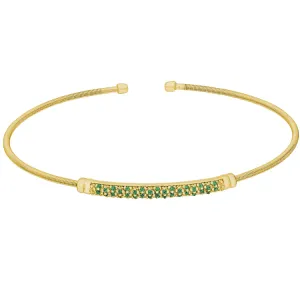 Gold Finish Sterling Silver Cable Cuff Bracelet with Three Rows of Simulated Emerald Birth Gems - May