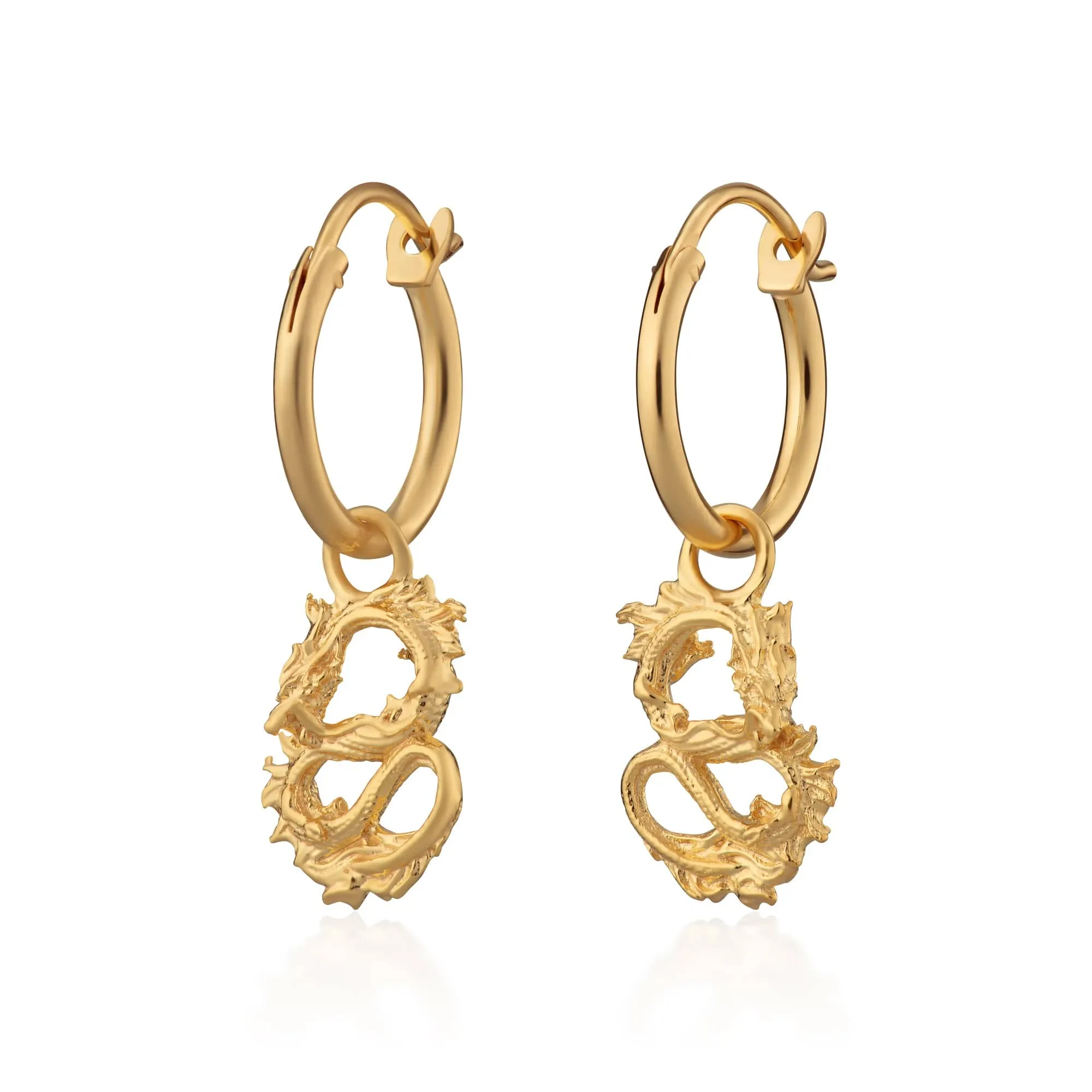 Gold Plated Chinese Dragon Charm Hoop Earrings