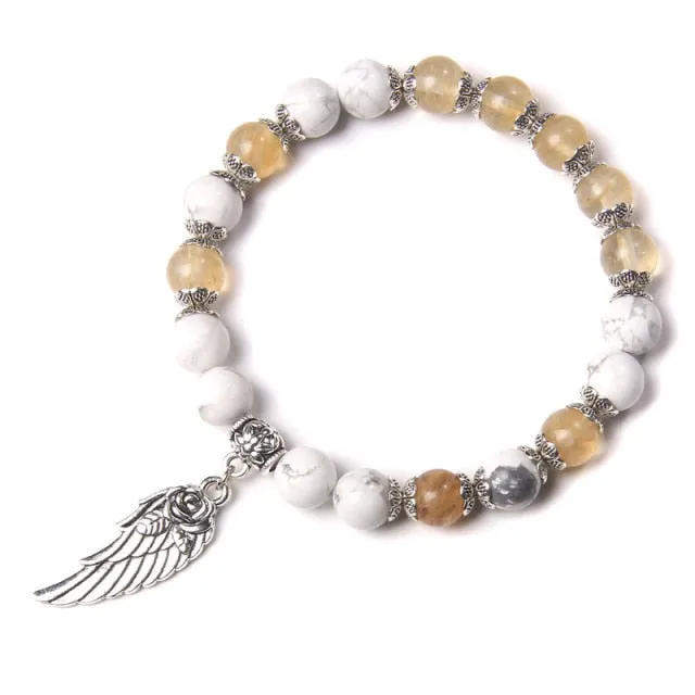 Handmade Silver Color Rose Angel Wing Pendant Bracelet Natural Pink Quartz Crystal Beads Charm Bracelet Women Romantic Jewelry