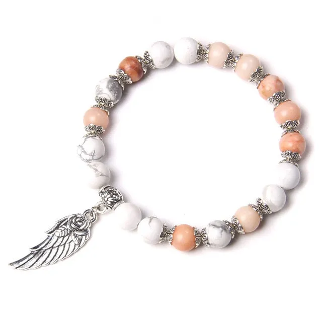 Handmade Silver Color Rose Angel Wing Pendant Bracelet Natural Pink Quartz Crystal Beads Charm Bracelet Women Romantic Jewelry