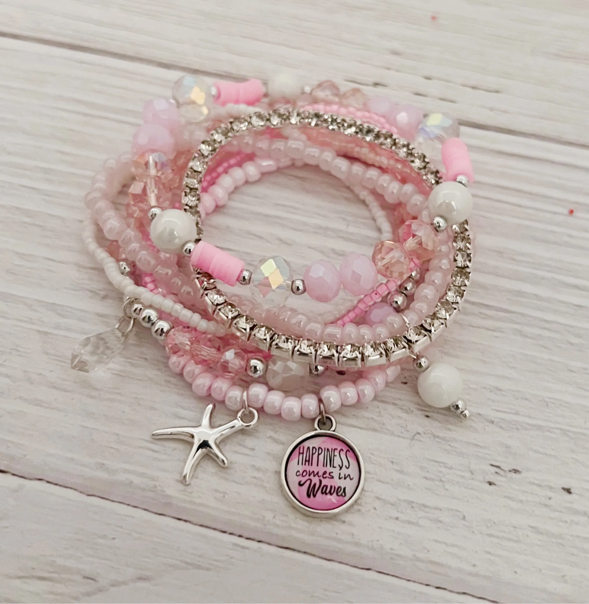 Happiness Comes In Waves Bracelet Set- PINK